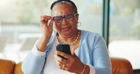 Old woman, glasses and struggle with mobile reading, vision problem and small font size for difficulty. Upset, retirement or elderly person with poor eyesight to view phone, blurry text or aging eyes