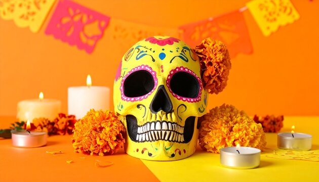 A vibrant Mexican sugar skull decorated with colorful floral patterns and marigold flowers, symbolizing the Day of the Dead (Día de los Muertos).