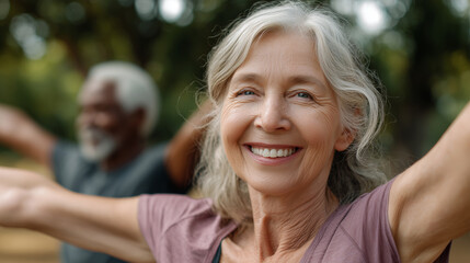 elderly people doing yoga in park, enjoying outdoor activities with friends and family for health and wellness. smiling senior woman engaging in the concept of fitness, appealing to a group of elderly