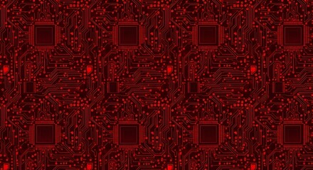 Seamless red circuit board pattern with glowing processors and intricate pathways