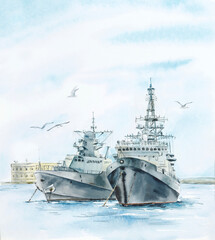 Modern military boats. Watercolor hand drawn illustration