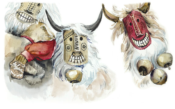 Russian carols. People dressed as goats. The goat is a symbol of fertility among the Slavs. Watercolor hand drawn sketch