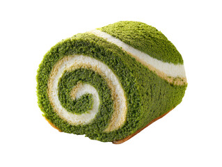 Matcha roll cake with a creamy filling, swirled pattern, and green dusting