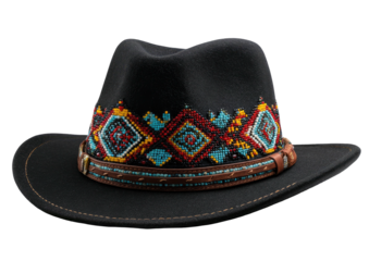 Black hat with beaded band, brown leather trim