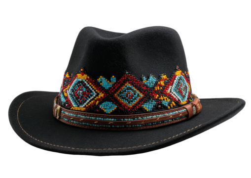 Black hat with beaded band, brown leather trim