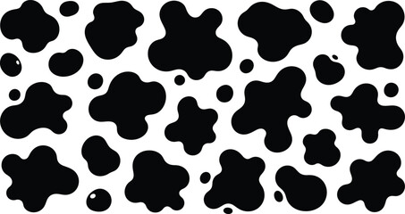 Vector cow print pattern background. Black irregular patches on white backdrop. Abstract cow skin or fur texture. Hand drawn design. Farm animal print