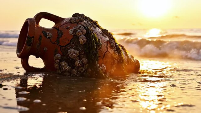 Ancient cracked ceramic jar, covered in barnacles and seaweed, half submerged on a beach