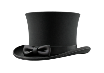 Black top hat with matching bow tie, resting on black