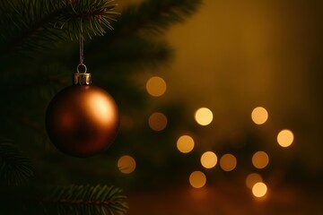 A gold colored Christmas ornament hanging from a tree