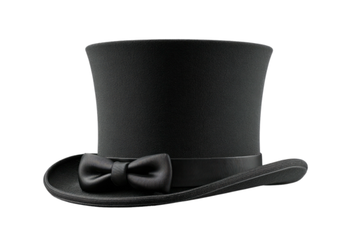 Black top hat with matching bow tie, resting on black