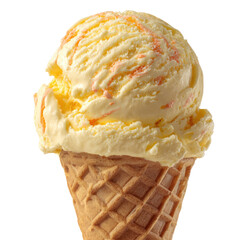 Swirled yellow ice cream with peach ripples on a crisp waffle cone