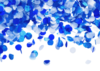 Falling azure, blue, and white confetti on a black backdrop