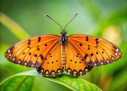 Close-up image of a tawny coster butterfly Acraea terpsicore perched on a leaf with its wings spread wide showing vibrant brown and orange hues