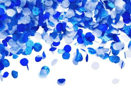 Falling azure, blue, and white confetti on a black backdrop