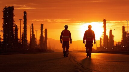 Workers heading into the sunset at the industrial facility. The sky is filled with orange glow behind the refinery, showing silhouettes of the workers and their commitment.
