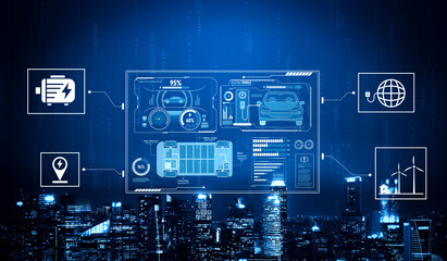 Smart interface showing electric vehicle performance, battery system, power control, charging status, and integration with renewable and grid-based energy sources Vouch