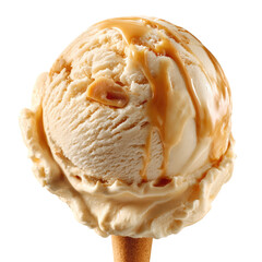 Caramel ice cream scoop with drizzle on cone's tip