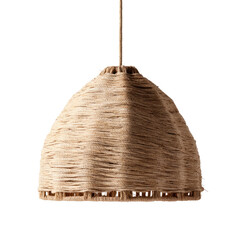Woven fiber pendant light in a conical shape, suspended in darkness