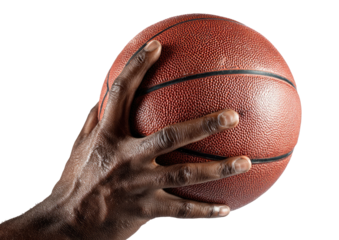Hand grips orange ball against stark black background