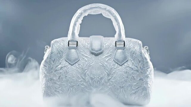 Elegant white purse with decorative icy design and misty atmosphere