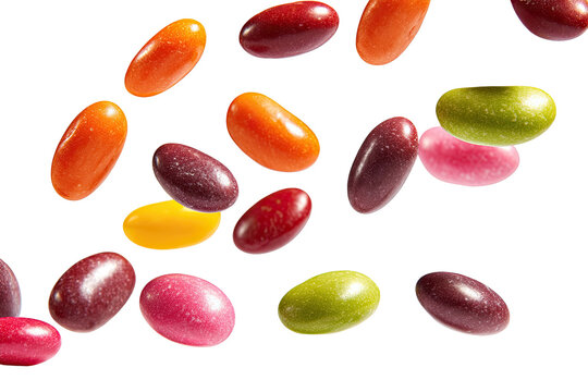 Scattered, colorful jelly beans against a stark black background - Powered by Adobe