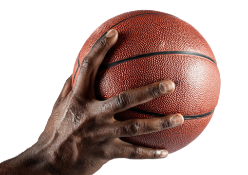 Hand grips orange ball against stark black background