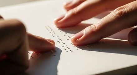 Close-up of hands reading Braille on white paper.