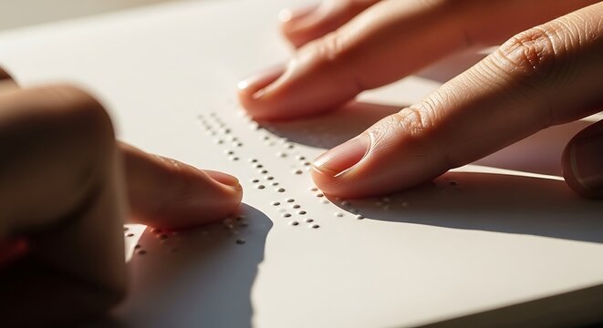 Close-up of hands reading Braille on white paper.