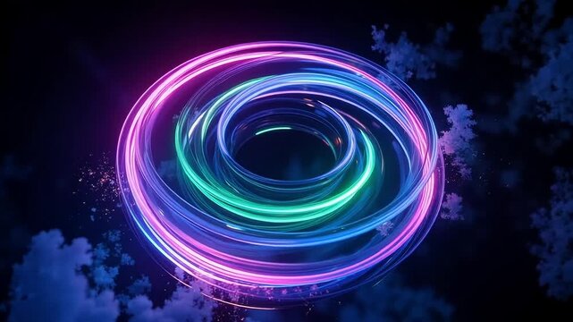 Vibrant neon rings swirling in dark space with wisps of clouds, a modern abstract background perfect for tech, gaming, or futuristic presentations - Powered by Adobe