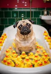 Cute pug dog taking a bath with yellow rubber ducks.