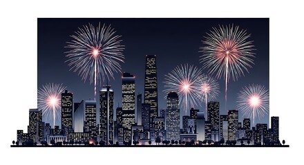 Spectacular Fireworks Display Over a Dazzling City Skyline at Night.