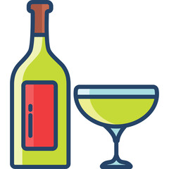 Green Bottle of Wine and Matching Glass Filled with Light Yellow Liquid Against a Transparent Background Clean Design