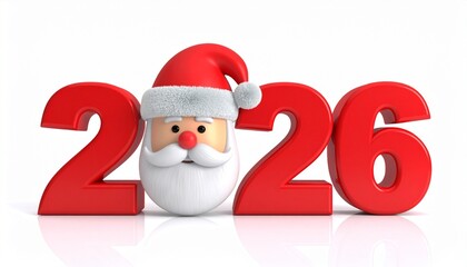 Festive 2026 design with cartoon Santa head replacing zero on background showcasing holiday cheer and seasonal branding