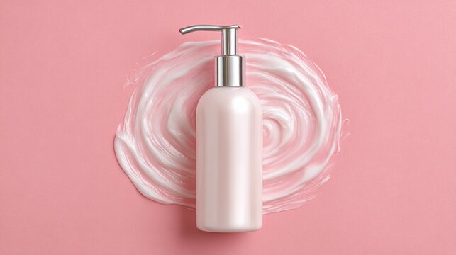 Elegant pump bottle and creamy swirl on a soft pink surface, showcasing skincare elegance and spa-like serenity.  A moment of relaxation and self-care is on display.