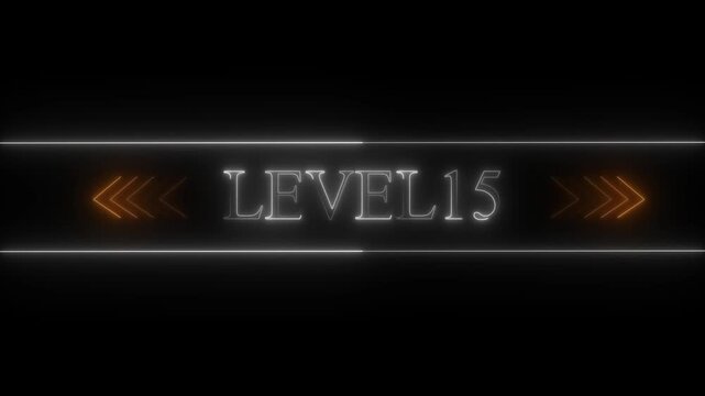 Glowing Neon Level 15 Text with Arrows on Dark Background Keywords: level 15, neon, glowing, text, number, sign, symbol, game, gaming, progress, achievement, victory, success, competition