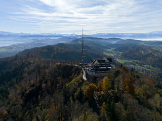 Aerial view of beautiful Swiss autumn landscape seen from local mountain Uetliberg on a sunny autumn day. Photo taken October 29th, 2025, Zurich Uetliberg, Switzerland.