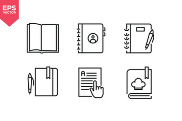 Set of line icons related to open book, contact book, spiral notebook with pen, reading document, recipe document. Editable stroke. Vector illustration