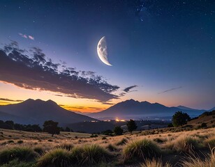 A serene night scene showcasing a crescent moon above a mountainous landscape with celestial stars. Golden hour lighting