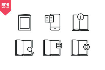 Set of line icons related to book cover, e-book, information book, research, calculation, technical manual. Editable stroke. Vector illustration