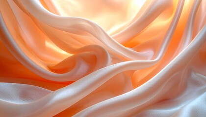 Obraz premium Peach and cream silky fabric draped in soft folds with warm lighting showcasing elegance and tactile beauty