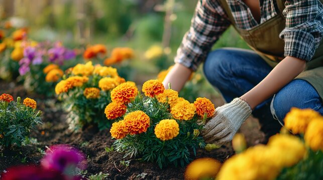 A person gently tending to a vibrant flower garden, cultivating colorful blooms. They nurture each plant, fostering a serene and flourishing outdoor space. The essence of nature's beauty. - Powered by Adobe