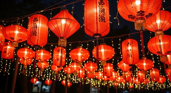 Vibrant Red Lanterns Illuminate the Night Sky in Celebration.