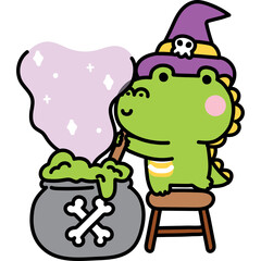Green Cartoon Dinosaur Witch Brewing Potion in Cauldron with Bones and Purple Smoke on Transparent Background