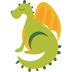Green cartoon dragon with orange wings sitting with closed eyes on a transparent background a cute mythical creature illustration