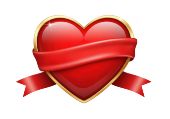 Glossy red heart with gold border and elegant red ribbon design isolated on transparent background