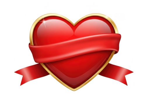 Glossy red heart with gold border and elegant red ribbon design isolated on transparent background