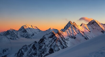 Snow-capped mountain peaks at sunrise with a colorful sky.