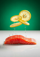 Fresh salmon fillet with lemon slice falling into water on green background