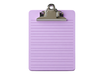 Lilac clipboard with blank, lined pages and silver clip