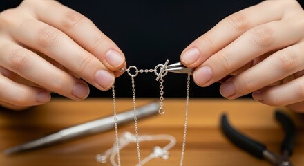 Hands Making Silver Chain Necklace with Pliers.